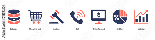 E Commerce Operations web banner icon vector illustration featuring Database, Shopping Cart, Auction, Call, Online Payment, Pie Chart, and Statistics for retail systems.