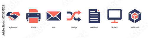 Digital Business Tools web banner icon vector illustration featuring Agreement, Printer, Mail, Change, Document, Monitor, and Blockchain for modern office operations.