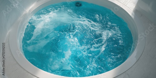 Overhead View of a Turquoise Whirlpool Bathtub Filling with Bubbling Water