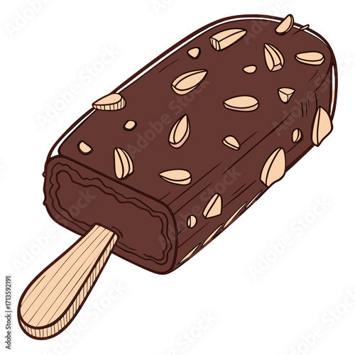 Delicious chocolate covered ice cream bar with almonds on a stick perfect for a hot summer day treat and dessert illustration