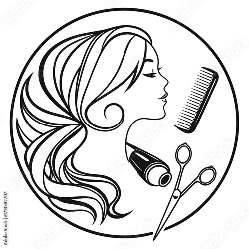 Hair salon beauty logo design vector illustration with woman hair style scissors and comb for branding and design