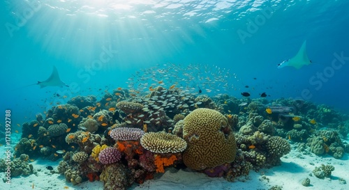 Fototapeta Naklejka Na Ścianę i Meble -  Vibrant Tropical Coral Reef Underwater with Manta Rays and School of Fish