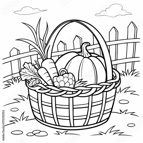 Coloring page of basket with vegetables pumpkin carrots pepper fence and clouds for kids and adults activity