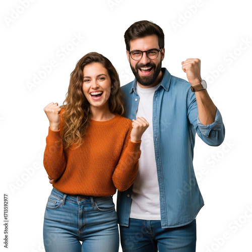 Wallpaper Mural A joyful couple celebrating success with raised fists and wide smiles conveying excitement and triumph isolated on transparent background Torontodigital.ca