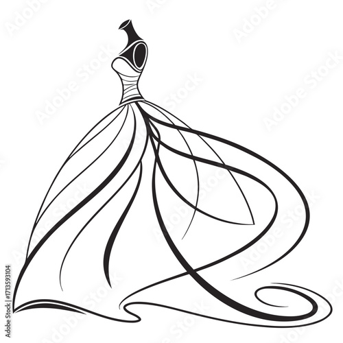 Elegant wedding dress design sketch with flowing lines and a classic silhouette for fashion and bridal concepts