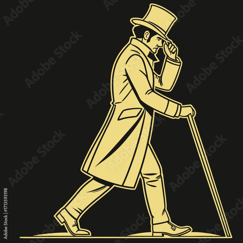 Dapper gentleman in top hat and coat strides confidently with cane, embodying vintage sophistication and timeless style.