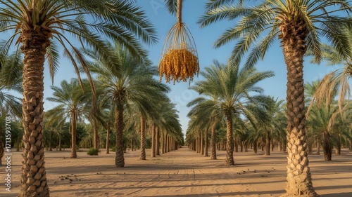 Tropical palm trees on a sunny sandy beach with blue ocean and clear sk