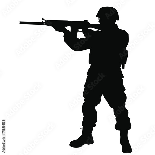 Silhouette of a soldier aiming a rifle in a defensive posture