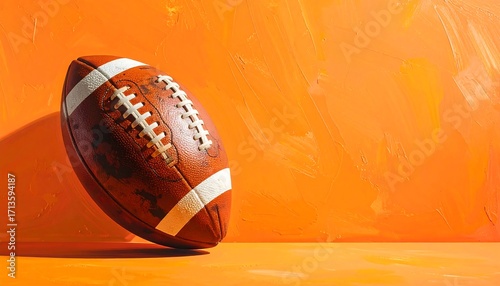 An aged American football rests against a vibrant orange backdrop, showcasing its weathered texture and stitching.