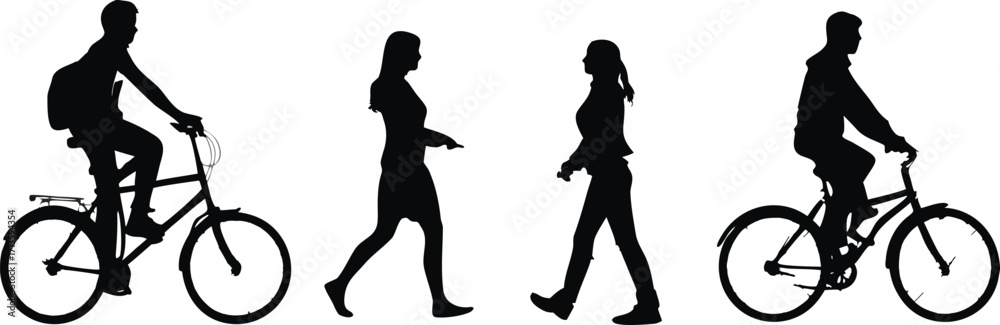 Fototapeta premium Silhouettes of people biking and walking reflections adding abstract depth