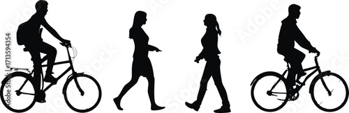 Silhouettes of people biking and walking reflections adding abstract depth