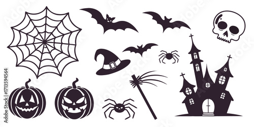 Halloween vector elements silhouette mega set including pumpkins, ghosts, witches, bats, and spooky icons. Editable vector illustration for posters, social media, seasonal design, and branding.