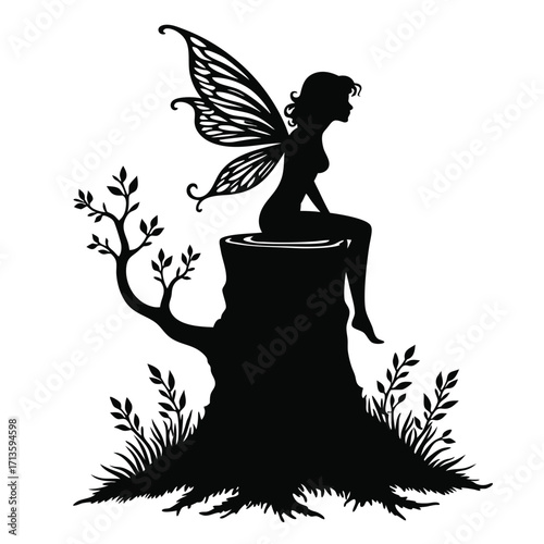 Black silhouette of a fairy sitting on a tree stump