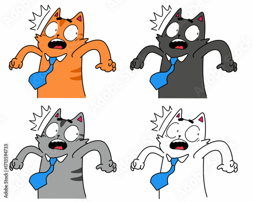 Cartoon illustration of cat character with blue tie in various activities and expressions. Comic style illustration set for mascot, stickers, meme, poster, banner. Animal as a salary in daily work