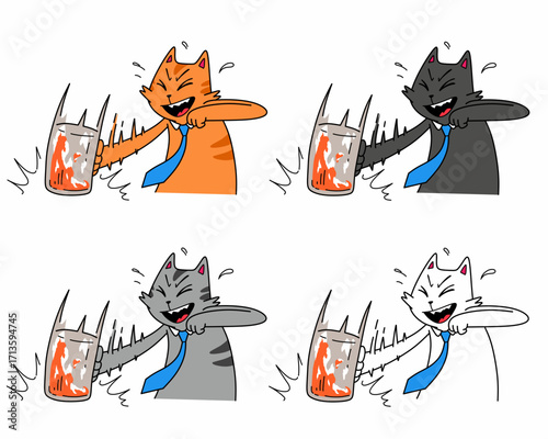 Cartoon illustration of cat character with blue tie in various activities and expressions. Comic style illustration set for mascot, stickers, meme, poster, banner. Animal as a salary in daily work