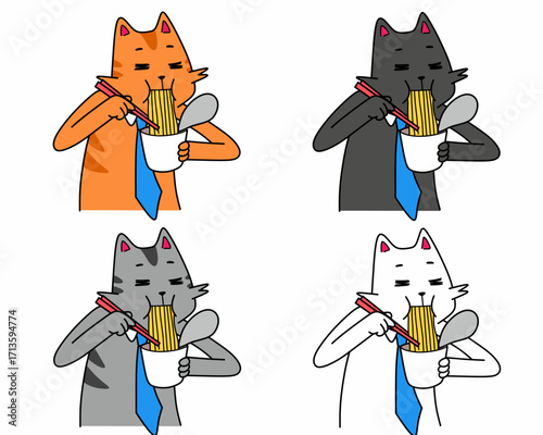 Cartoon illustration of cat character with blue tie in various activities and expressions. Comic style illustration set for mascot, stickers, meme, poster, banner. Animal as a salary in daily work