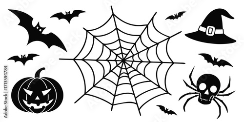 Halloween vector elements silhouette mega set including pumpkins, ghosts, witches, bats, and spooky icons. Editable vector illustration for posters, social media, seasonal design, and branding.
