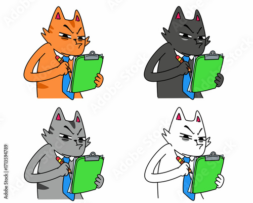 Cartoon illustration of cat character with blue tie in various activities and expressions. Comic style illustration set for mascot, stickers, meme, poster, banner. Animal as a salary in daily work