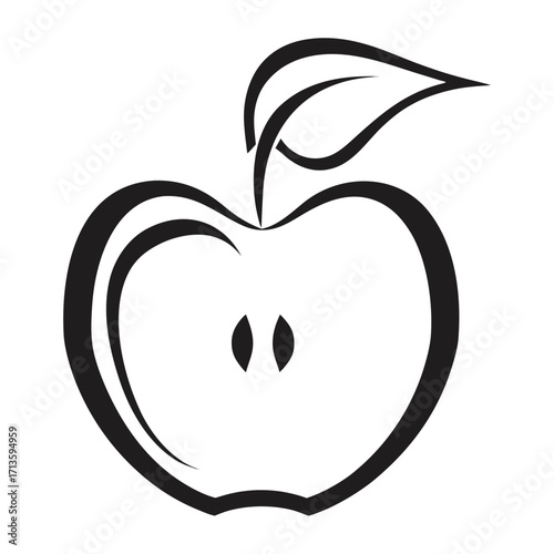 Simple black and white drawing of a halved apple with a leaf