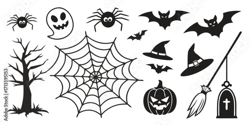 Halloween vector elements silhouette mega set including pumpkins, ghosts, witches, bats, and spooky icons. Editable vector illustration for posters, social media, seasonal design, and branding.