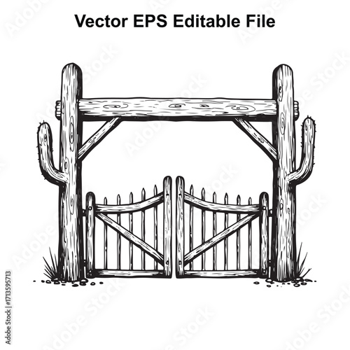 Vector art of rustic wooden ranch gate with cactus and grass