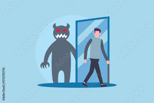 Man walking through a doorway with a scary monster shadow lurking behind him