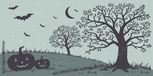 Halloween silhouette background featuring spooky trees, bats, haunted house, and full moon. Vector illustration for posters, social media, seasonal design, and event decoration.