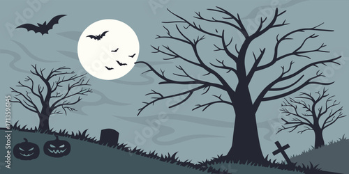 Halloween silhouette background featuring spooky trees, bats, haunted house, and full moon. Vector illustration for posters, social media, seasonal design, and event decoration.