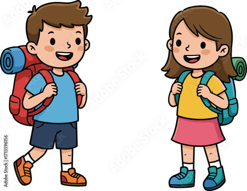 Cartoon kids hiking with backpacks, camping gear, outdoor adventure, happy children walking, exploration, travel, nature trip, summer holiday illustration