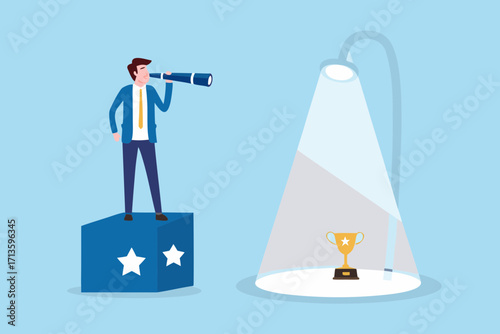Businessman with telescope on podium looking towards a trophy illuminated by spotlight