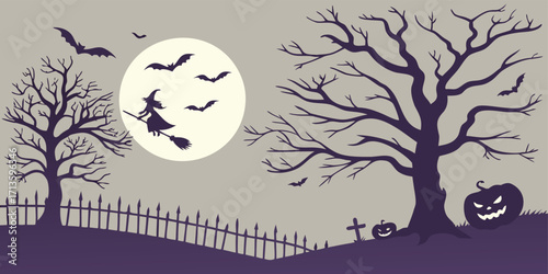 Halloween silhouette background featuring spooky trees, bats, haunted house, and full moon. Vector illustration for posters, social media, seasonal design, and event decoration.