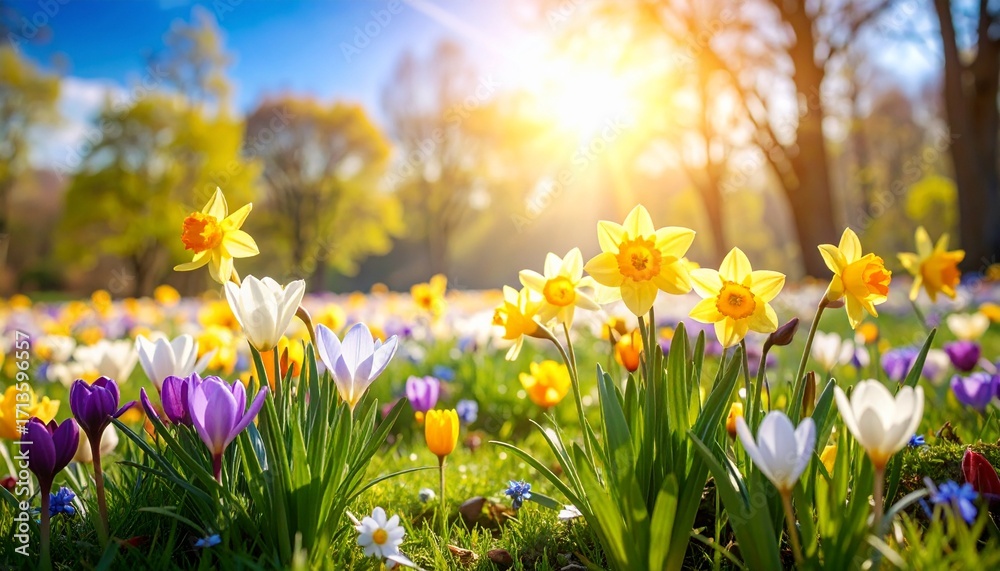 Fototapeta premium Beautiful spring meadow with colorful daffodils and crocuses in warm sunlight.