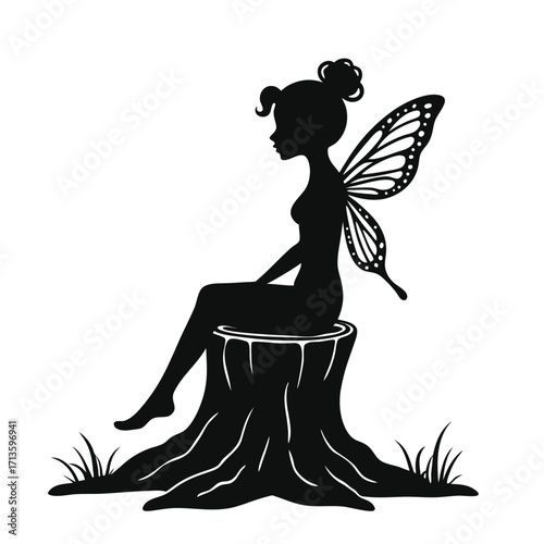 Black silhouette of a fairy with butterfly wings sitting on a tree stump