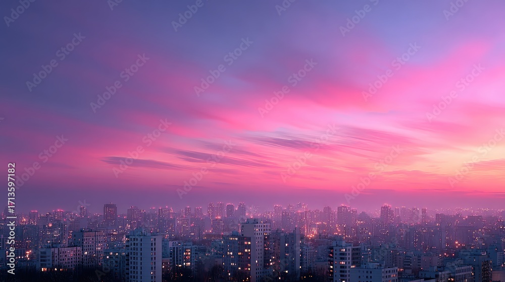 Fototapeta premium City Skyline at Sunset with Pink and Purple Sky Above Illuminated Buildings in Urban Landscape Under Dramatic Colorful Clouds, Evening Light