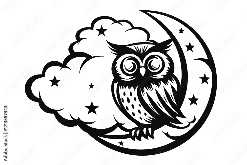 Naklejka premium Owl Sitting on Crescent Moon with Clouds and Stars