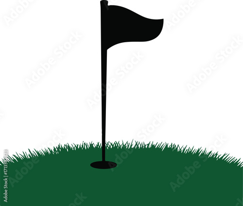 Golf course silhouette design with hole and flag on white background, 