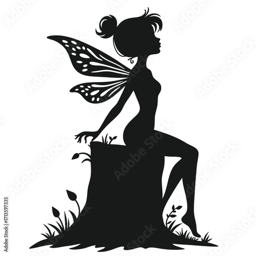 Black silhouette of a fairy with butterfly wings sitting on a tree stump