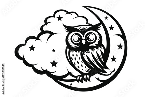 Owl Sitting on Crescent Moon with Clouds and Stars
