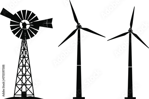 Silhouette illustration of old farm windmill and modern wind turbines, renewable energy concept, sustainable power generation, clean electricity, eco-friendly industrial energy