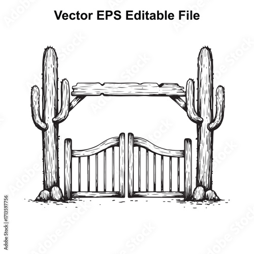 Vector art of old western saloon gate with two saguaro cactus