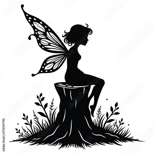 Black silhouette of a fairy with butterfly wings sitting on a tree stump