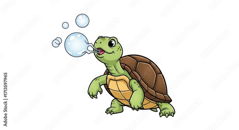 Fototapeta premium Cute cartoon turtle blowing bubbles isolated on white background