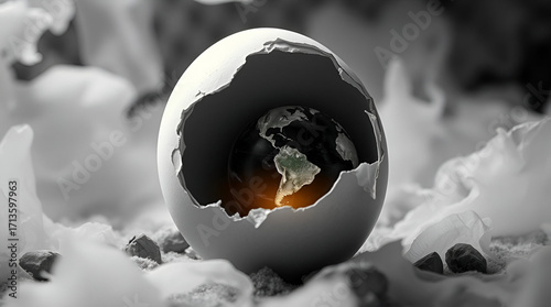  cracked egg revealing a globe, dark tones Earth toy of glass and broken egg black background,