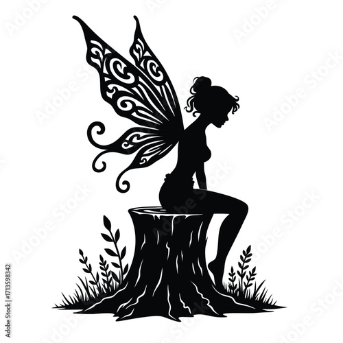 Black silhouette of a fairy with ornate wings sitting on a tree stump