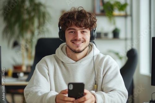 smiling young man in headphones with a phone in his hands sitting at a desk in the office, working, resting, talking on a video call, and listening to music, Generative AI