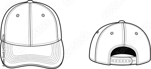 Baseball cap front and back view, blank snapback hat template, adjustable sports cap design, fashion accessory illustration for customization