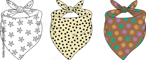 Bandana vector illustration, polka dot scarf, star patterned bandana, colorful fabric accessory, trendy neck scarf, stylish textile design element