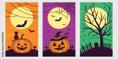 Halloween night colorful poster set featuring pumpkins, ghosts, witches, bats, and full moon. Vibrant vector illustrations for social media, event promotion, party invitations, and seasonal design.