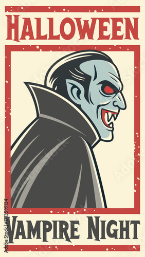 Vintage retro Halloween poster vector design featuring a scary vampire with pale blue skin, red glowing eyes, sharp fangs, and dramatic cape. Distressed typography reading “Halloween – Vampire Night.”