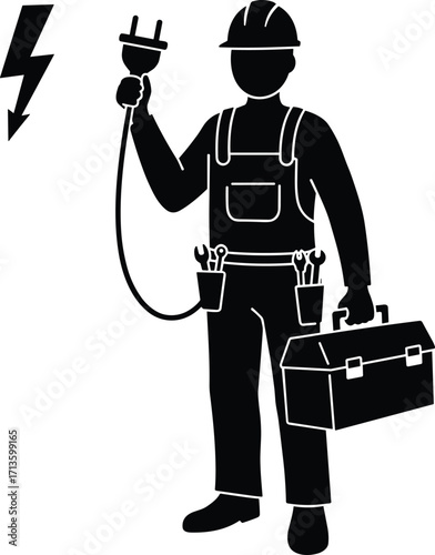 Silhouette of professional electrician holding plug and toolbox, electrical repair service worker, maintenance tools, safety helmet, energy power concept illustration